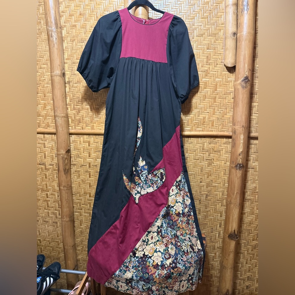 Vintage handmade muumuu Black and Burgundy Floral patchwork Maxi Dress small